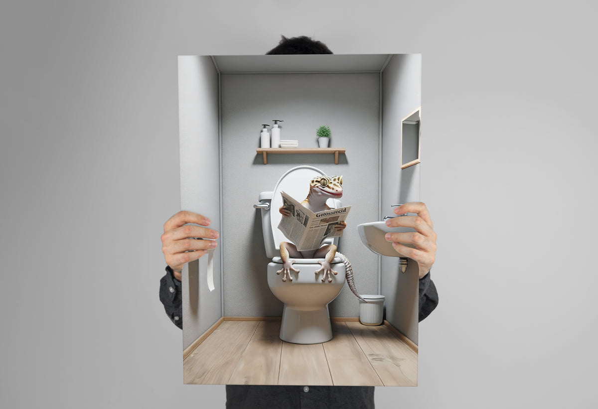 Poster lézard lisant le journal aux toilettes tenu à deux mains devant un mur gris