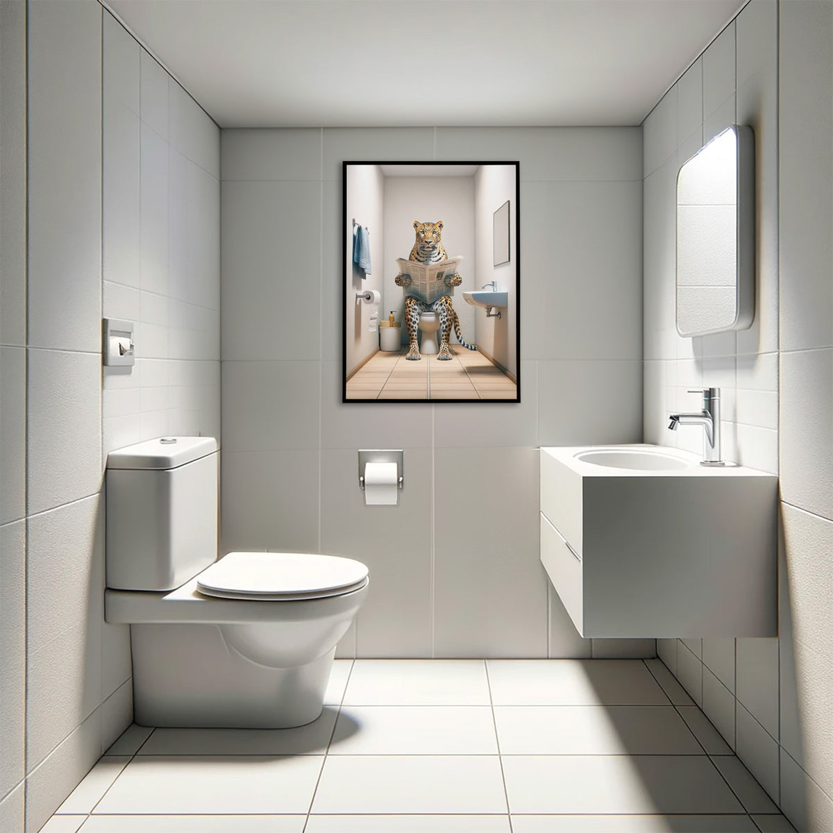 Cadre noir avec le poster léopard lisant le journal dans des toilettes modernes au carrelage clair