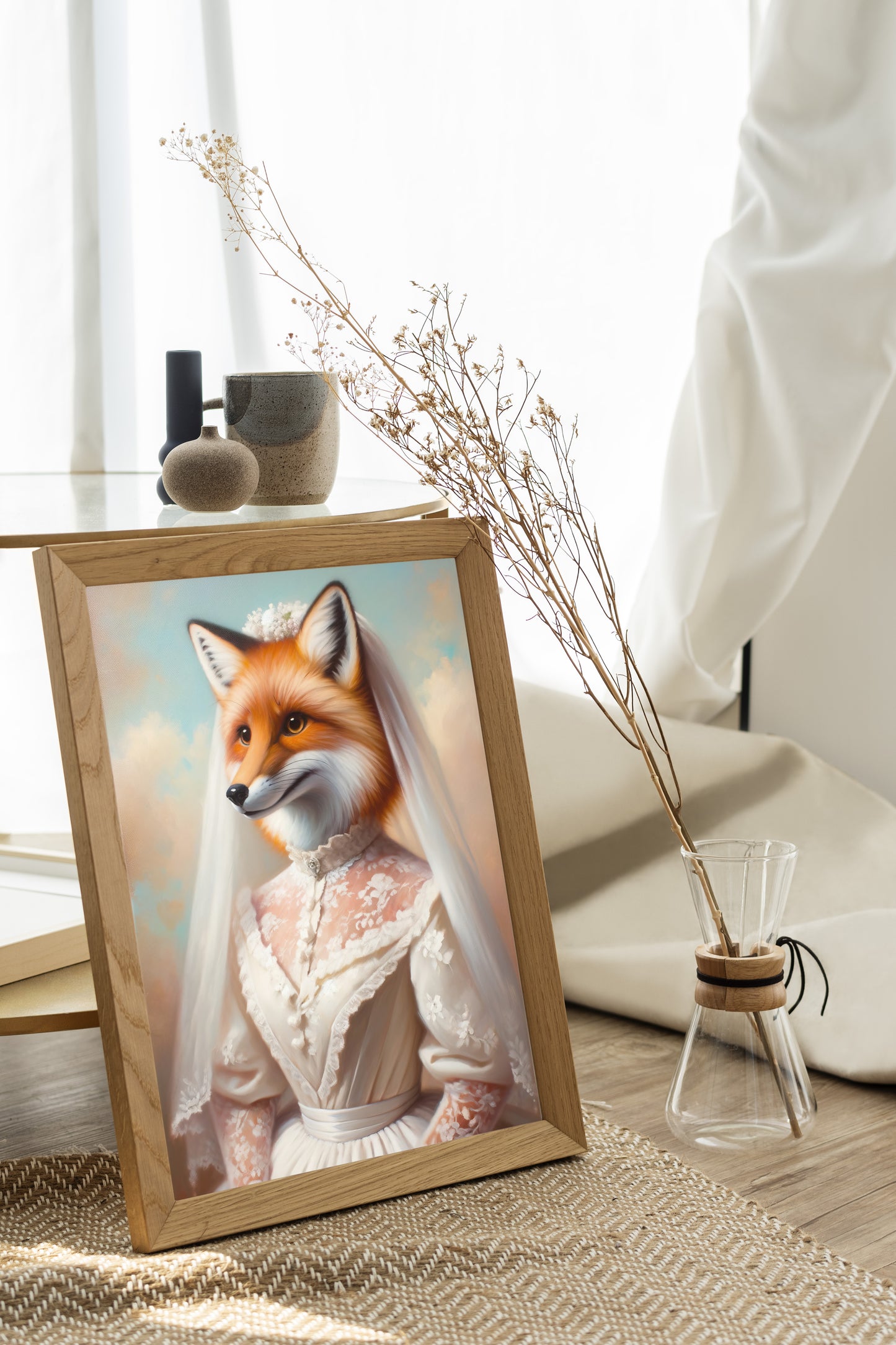 Fox bride poster in a natural wood frame on the floor by a window, dried flowers