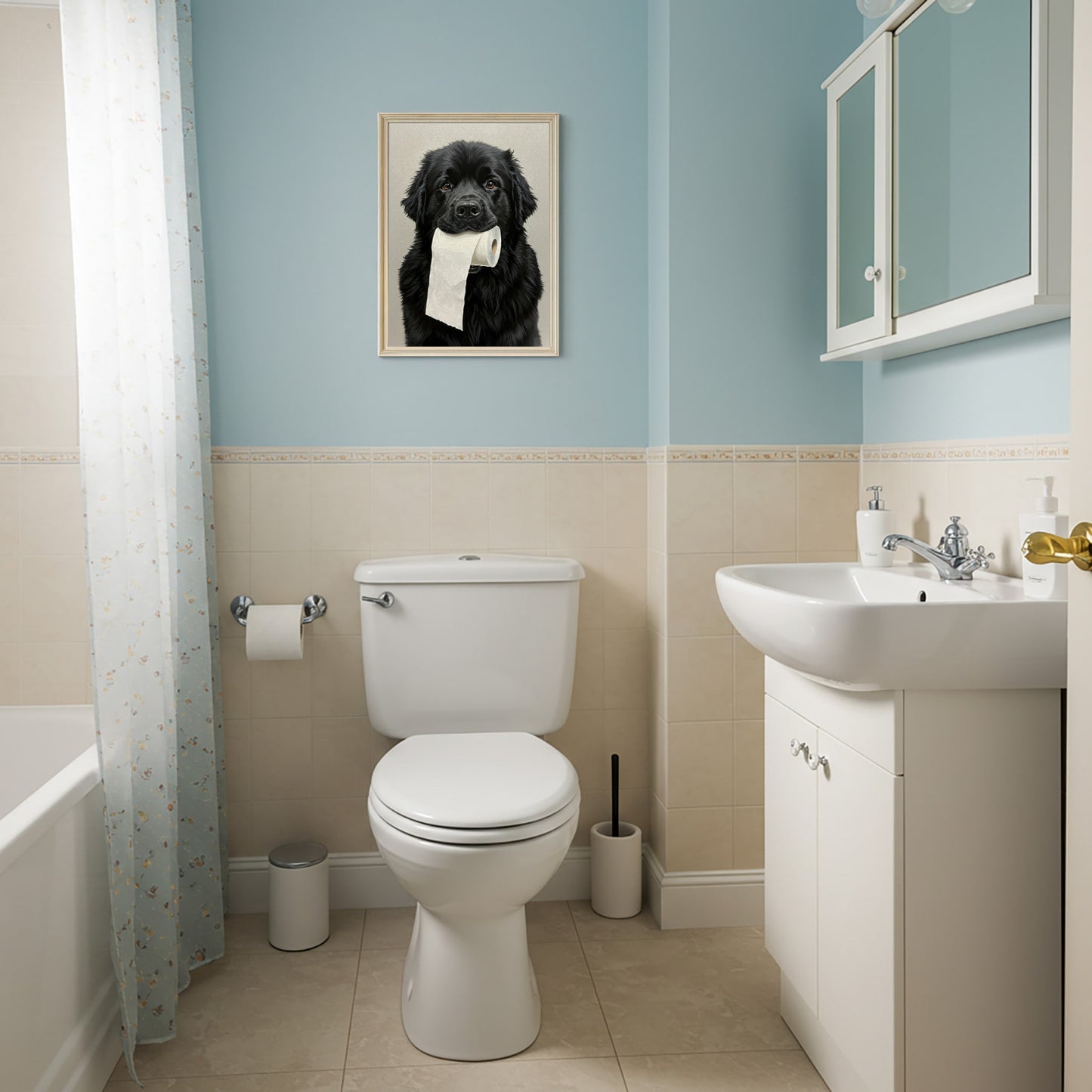 Newfoundland Dog Toilet Humor Poster – Black Newfie Wall Art for Bathroom, Framed Print, Unique Dog Lover Gift, WC Decor