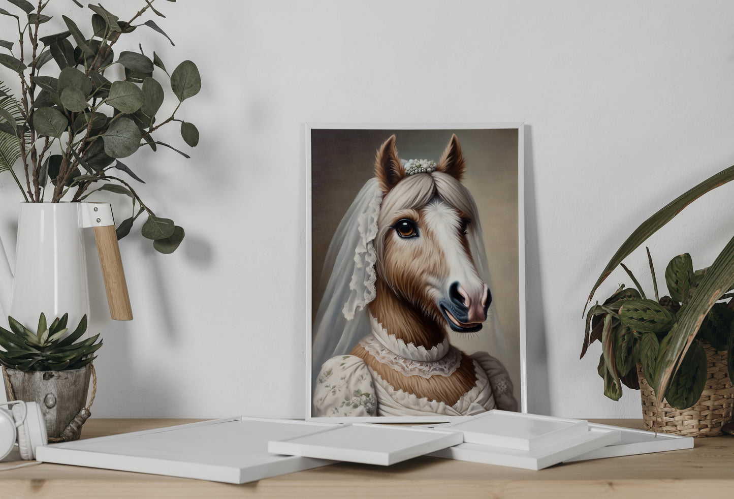 Mare in wedding dress poster leaning on a console between eucalyptus and a potted plant