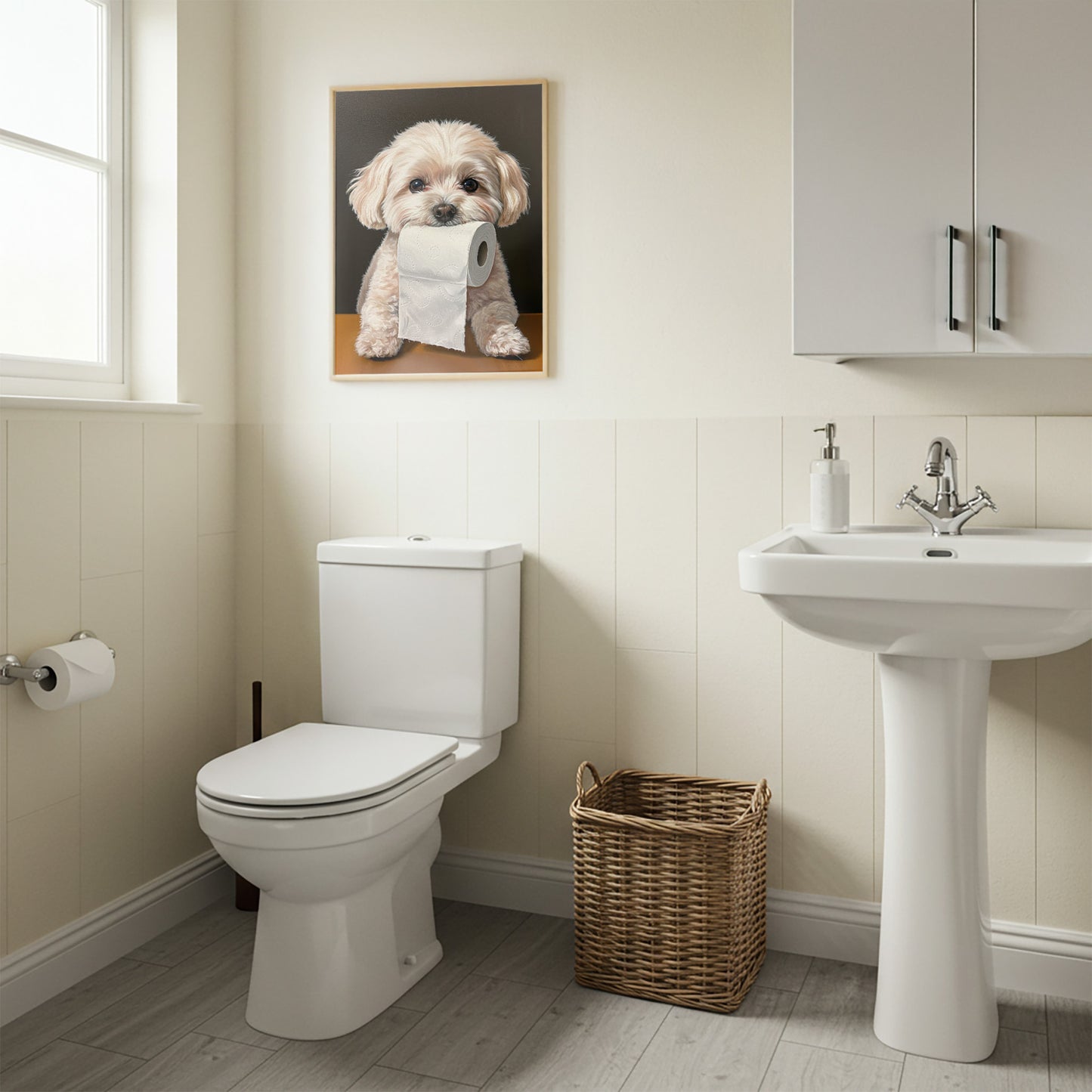Poster Chien Bichon Frisé Humour Toilette – Décoration Murale WC, Cadeau Original, Affiche Encadrée, Idée Déco Animaux