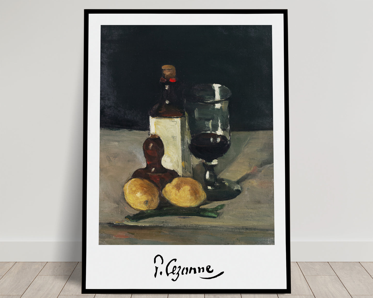 Nature morte de Cézanne : bouteille, verre de vin rouge et deux citrons sur fond sombre, signature en marge, affiche