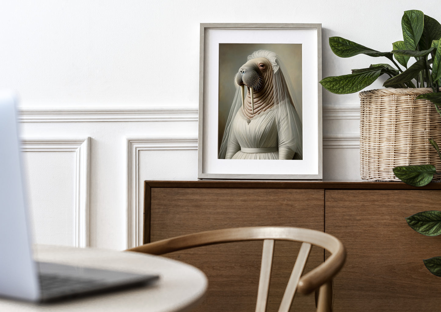 Walrus bride poster in a natural wood frame with mat on a wooden sideboard near a plant