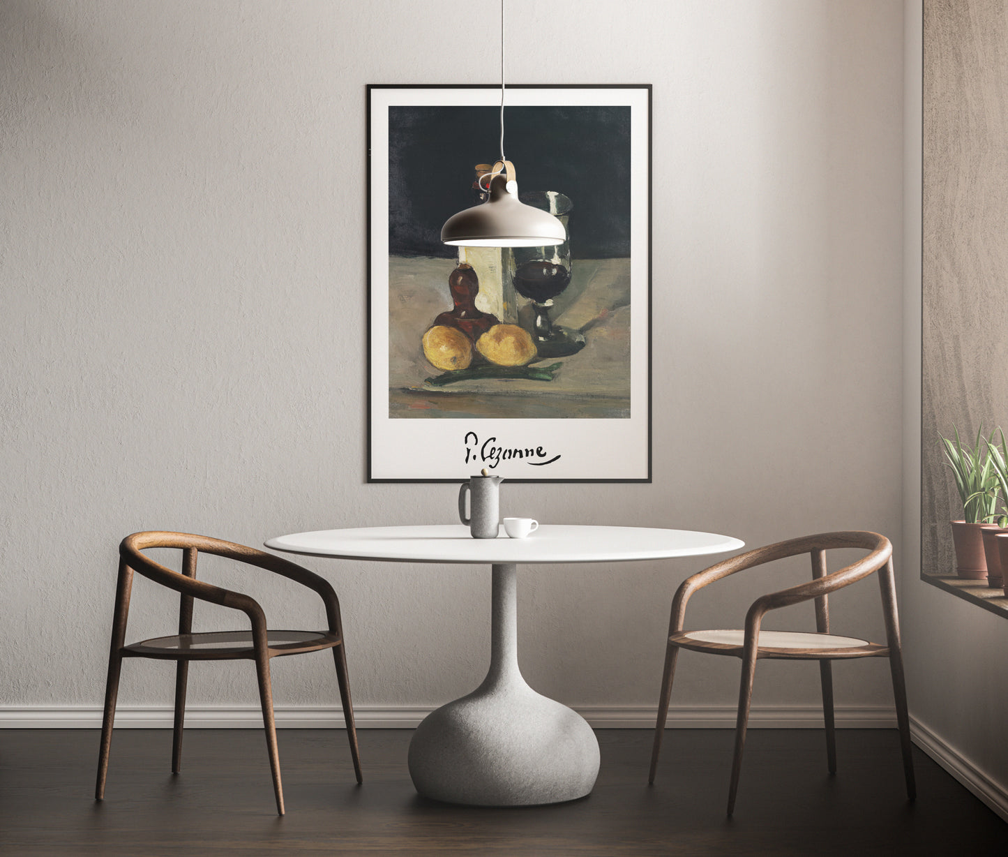 Affiche Cézanne nature morte aux citrons dans une salle à manger, table ronde blanche et suspension