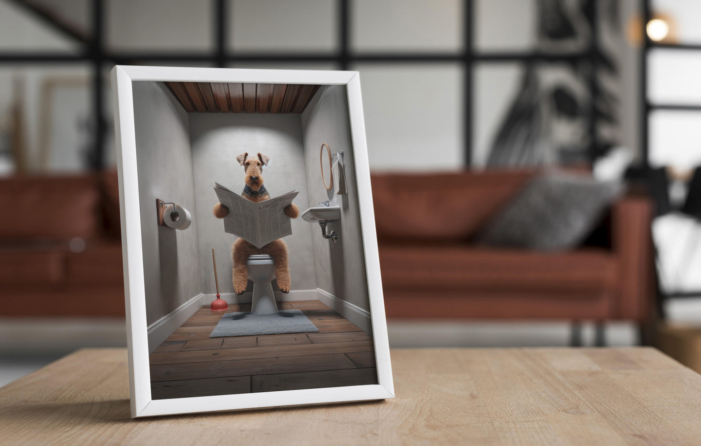 Poster Airedale Terrier lisant le journal aux toilettes - Déco Humour WC, Cadre Salle de Bain, Art Murale