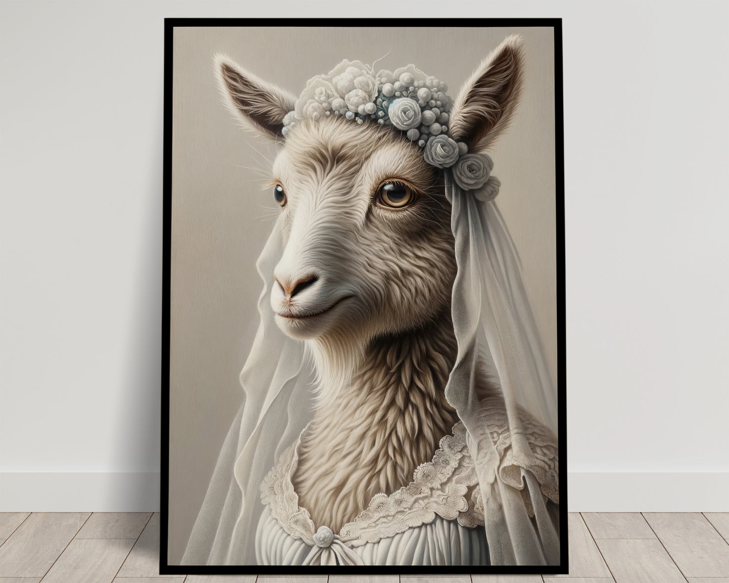 Portrait of a sheep bride with a bluish flower crown, veil and lace collar, gray and beige tones