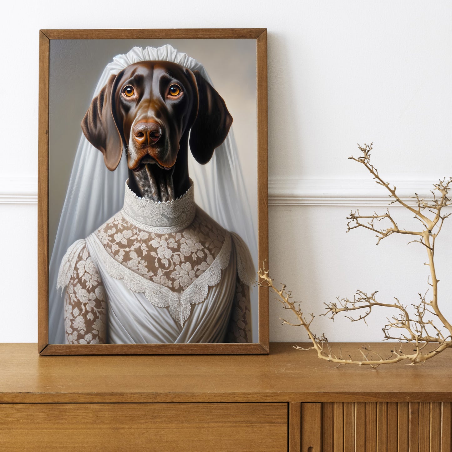 Affiche Poster Humour Braque Allemand en Robe de Mariée, Décoration Murale Animaux, Art Mural Chien Mariage