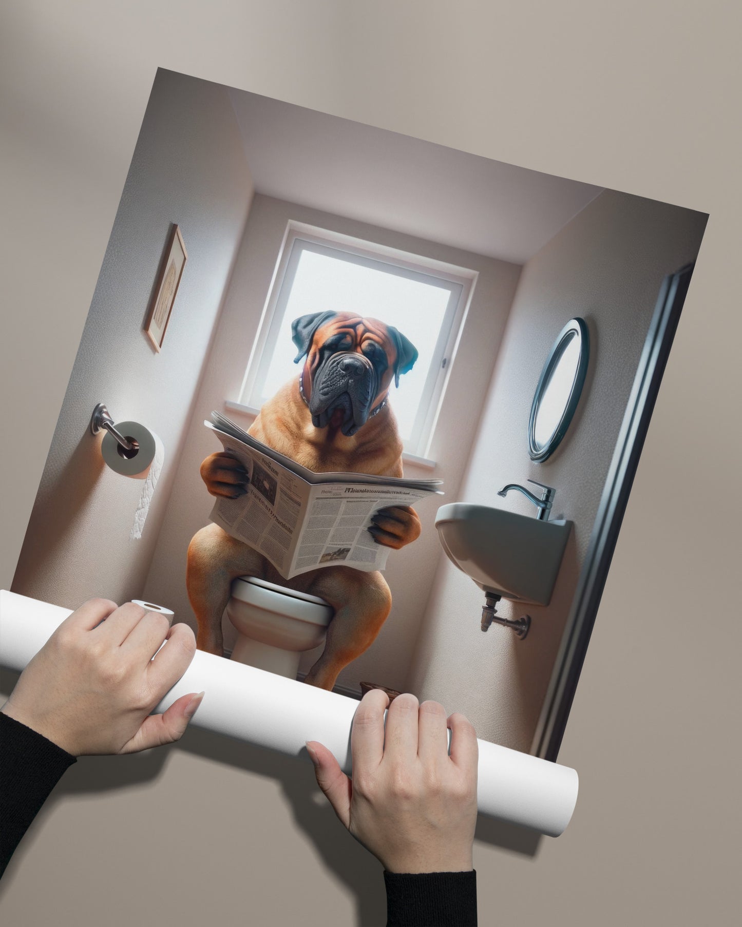 Affiche d'un Bullmastiff lisant le journal, Déco Humour WC, Cadre Toilettes, Poster Salle de Bain, Cadeau Chien Amusant