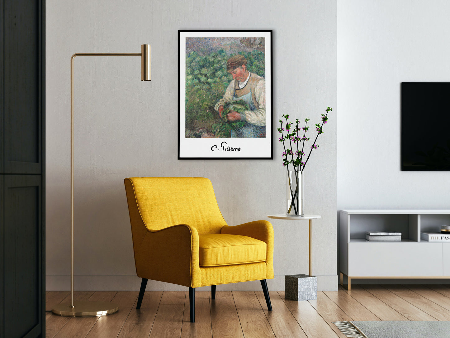 Affiche Pissarro vieux paysan avec chou en cadre noir au-dessus d'un fauteuil jaune