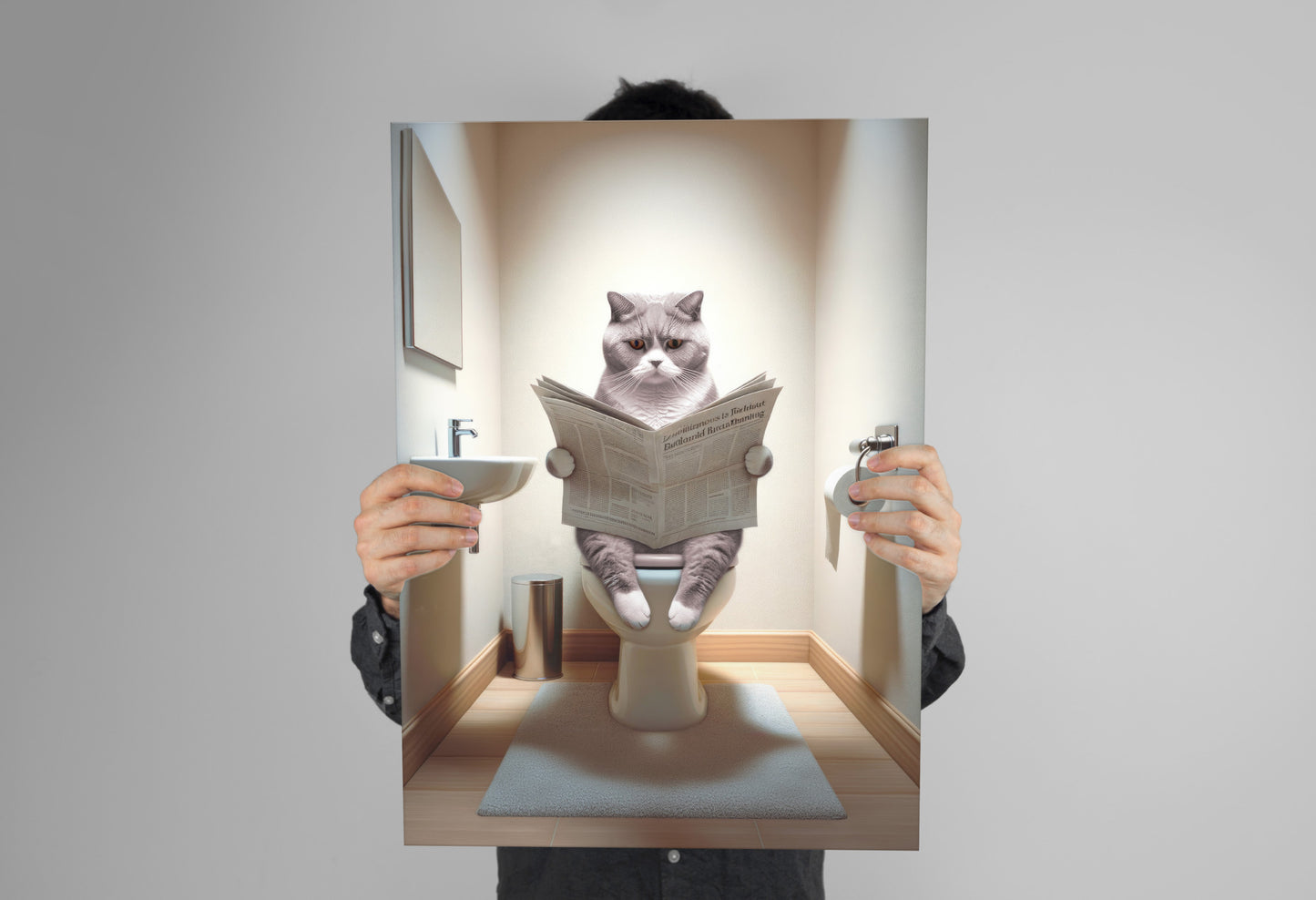 Affiche murale Chat British Shorthair Lilas-Blanc sur toilettes, Déco WC Humour, Poster Salle de Bain Cadeau