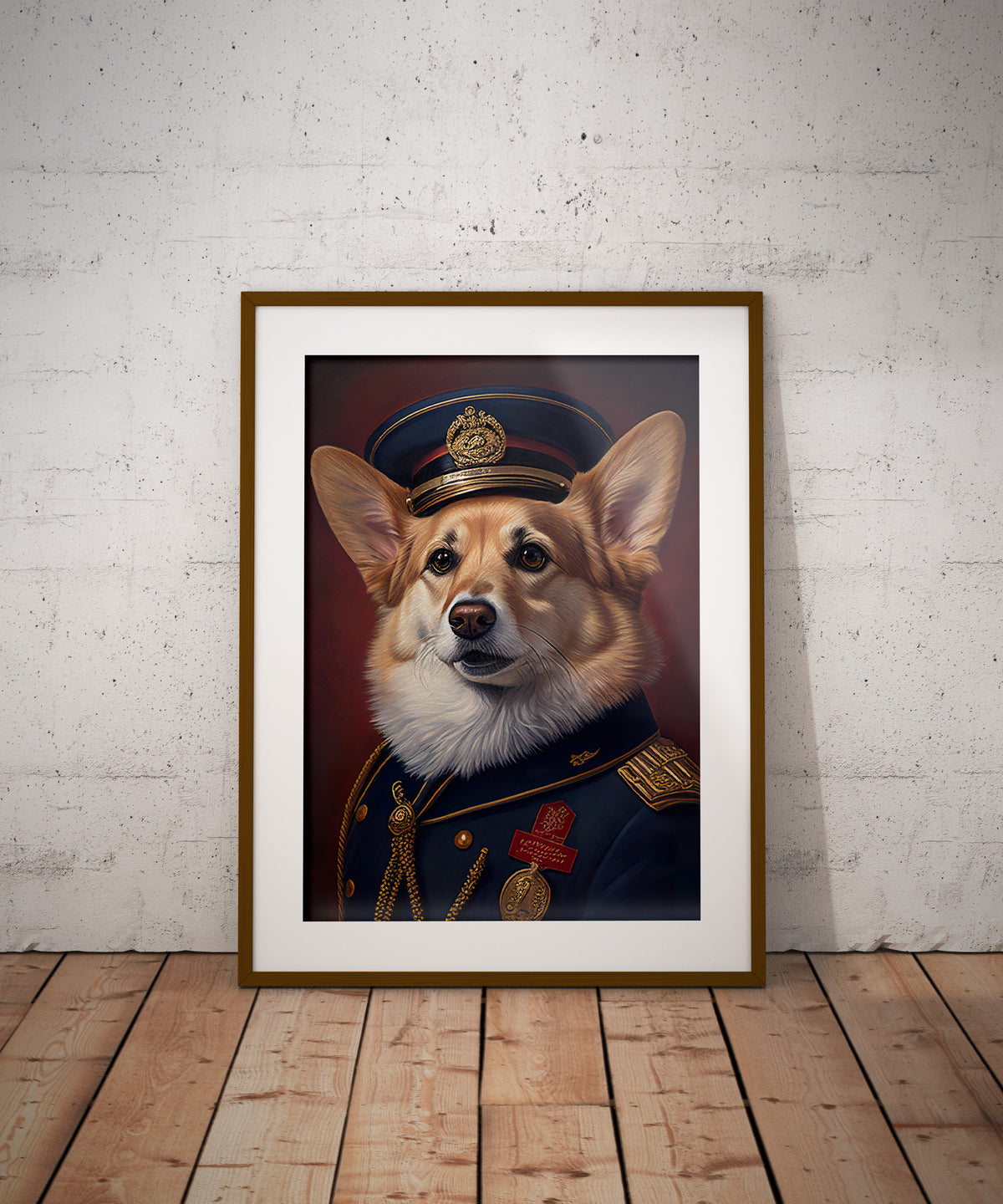 Poster corgi en uniforme militaire, cadre bois foncé et passe-partout, posé au sol contre un mur de briques