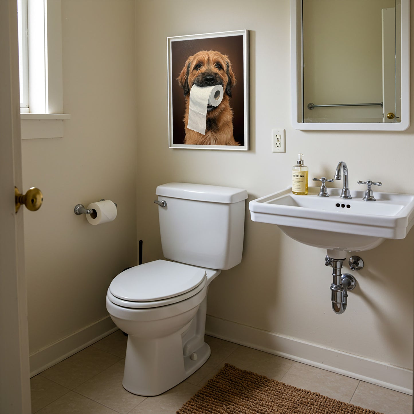 Poster Briard tenant un rouleau de papier toilette, encadré au-dessus des WC près du lavabo