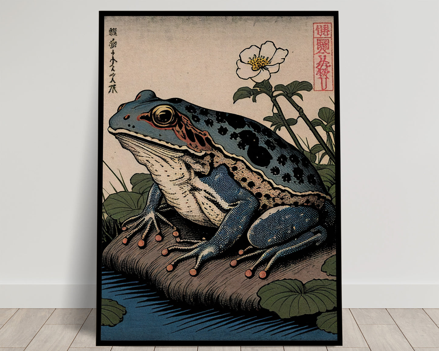 Grenouille bleue tachetée sur une rive, fleur blanche et nénuphars, fond rosé, estampe japonaise, poster Balthazart Studio