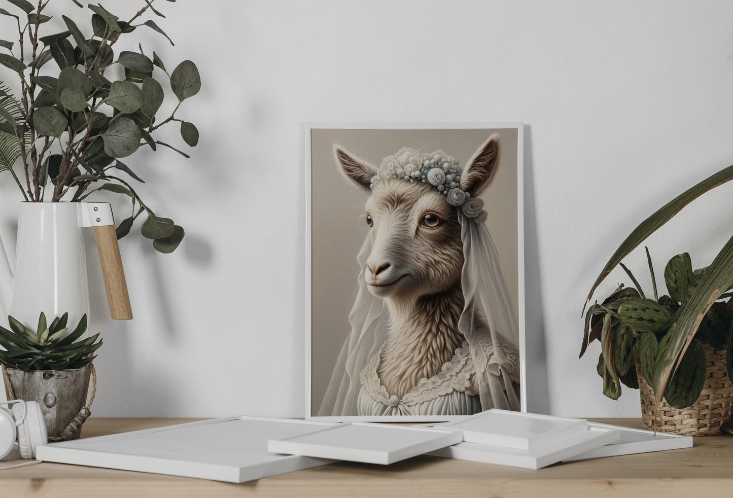 Sheep in a wedding dress poster leaning on a shelf between green plants