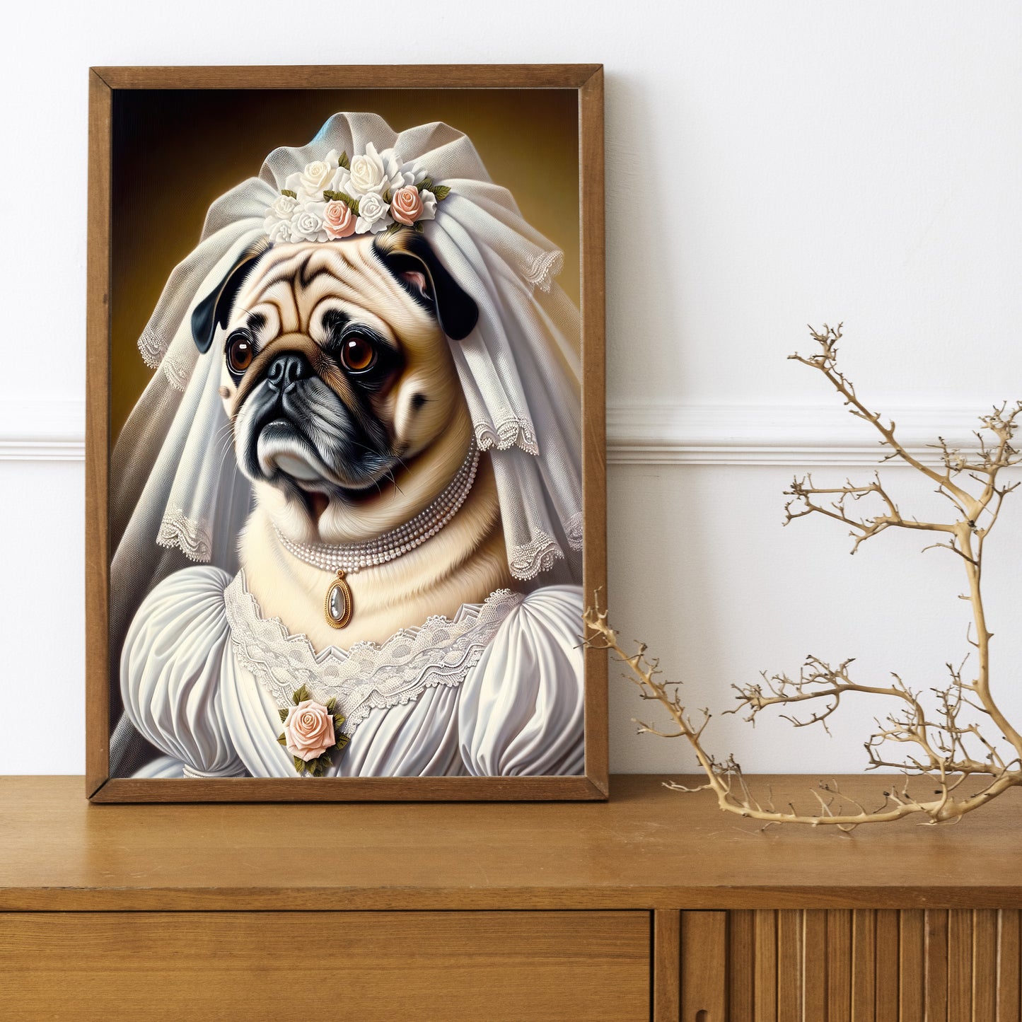 Funny Pug in Wedding Dress Poster - Unique Animal Bride Wall Art Decor for Dog Lovers - Perfect Gift