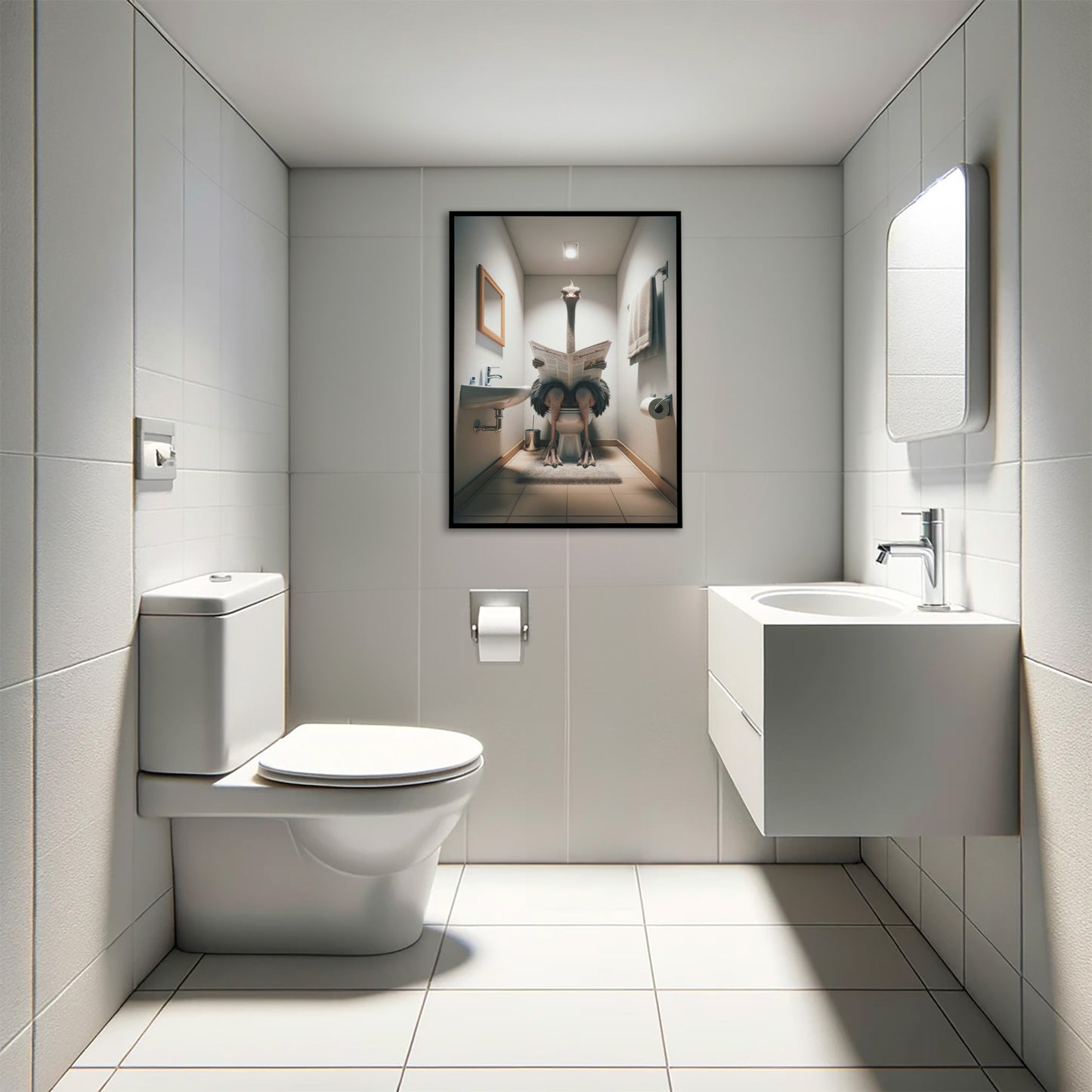 Funny ostrich reading the newspaper poster, black frame hung above a wall-mounted toilet