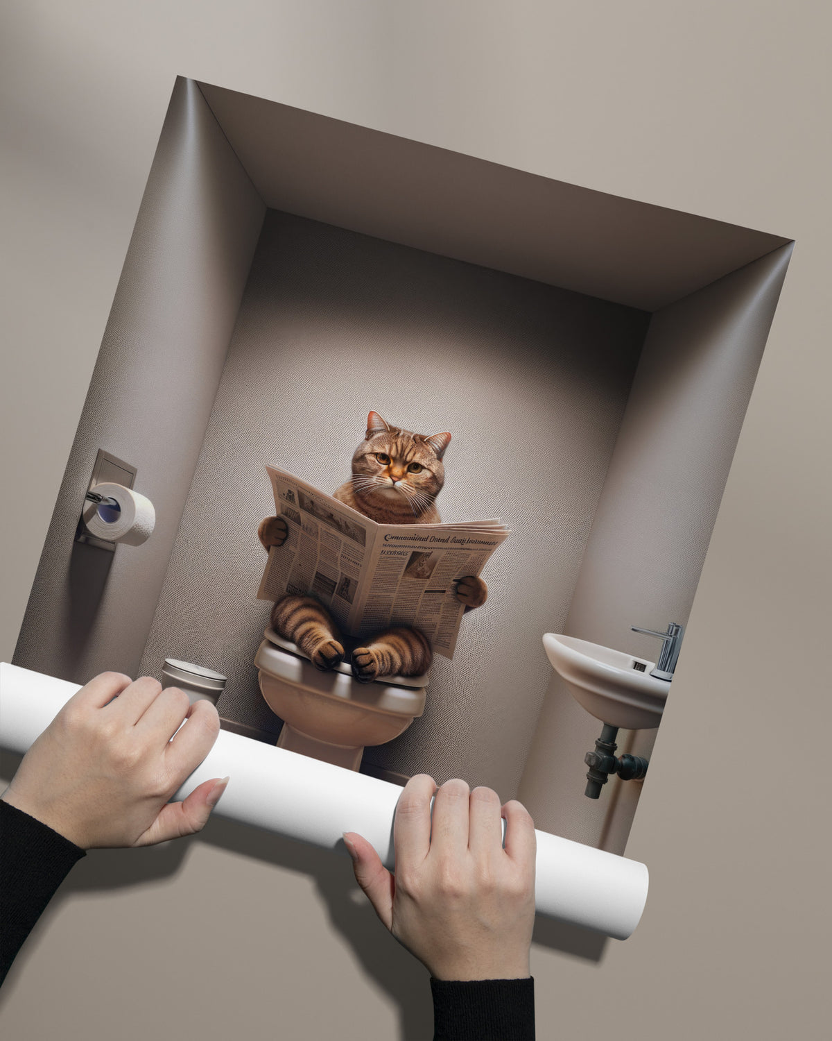Affiche chat British Shorthair brun tigré lisant le journal déroulé à la main