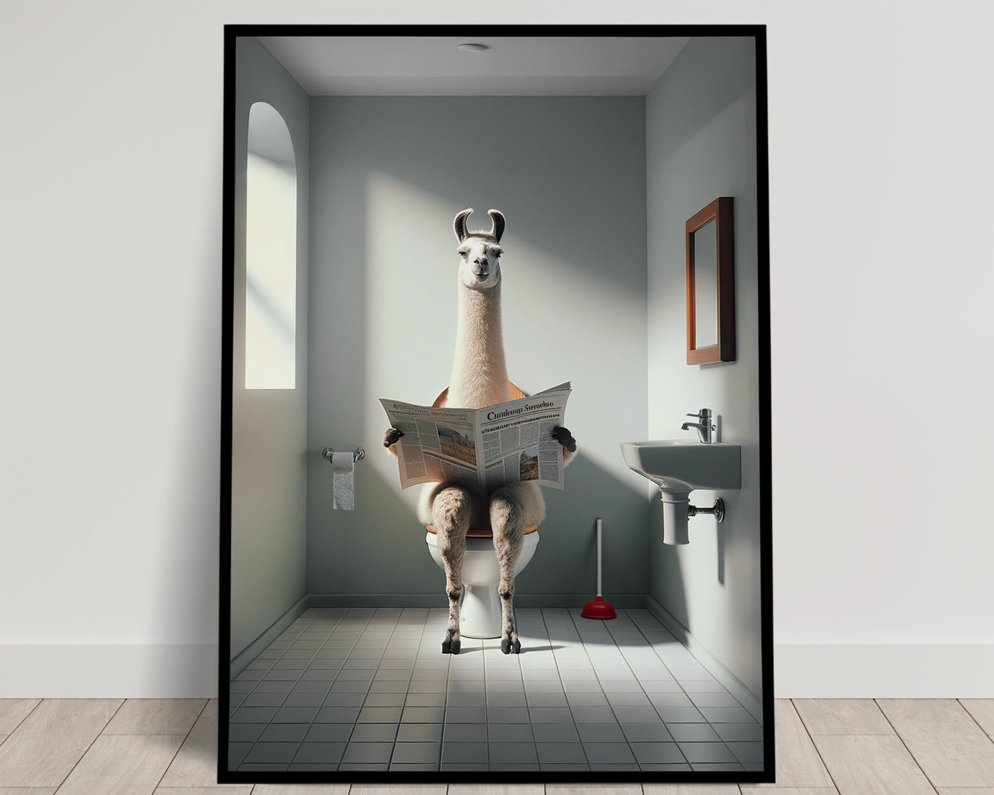 Lama crème lisant le journal sur les toilettes, WC gris vert avec fenêtre cintrée et ventouse rouge, poster humour