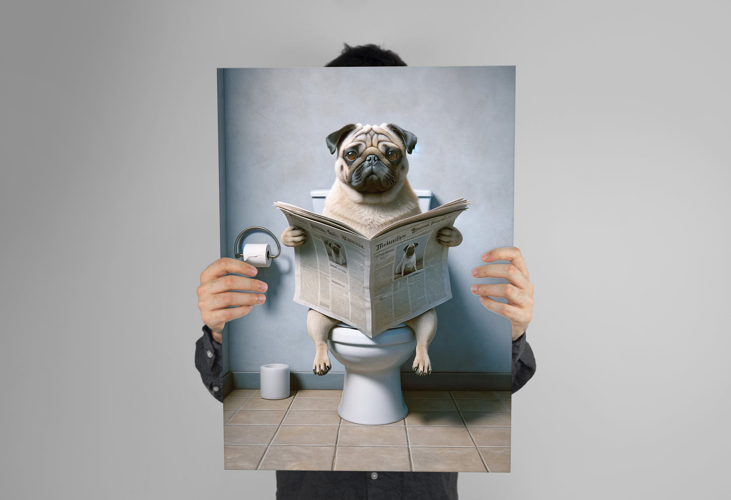 Poster carlin lisant le journal aux toilettes tenu à deux mains devant un mur gris
