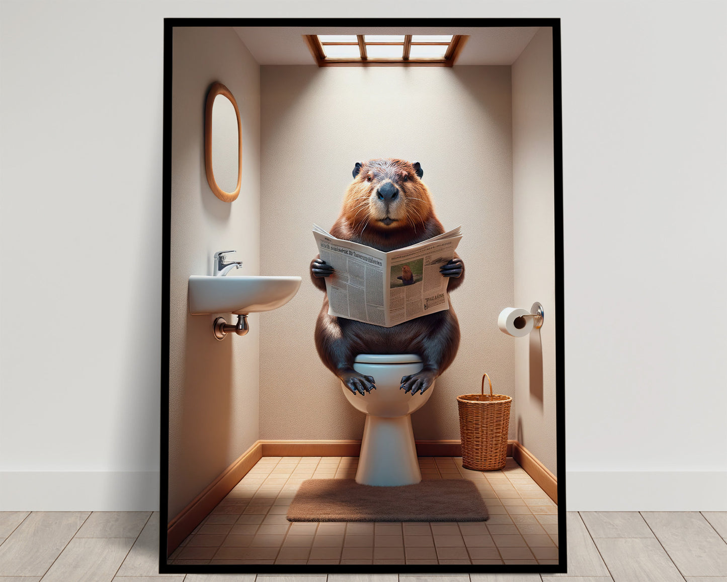 Poster Humour : Castor Lisant le Journal aux Toilettes, Décoration Salle de Bain, Cadeau Amusant, Art Mural WC