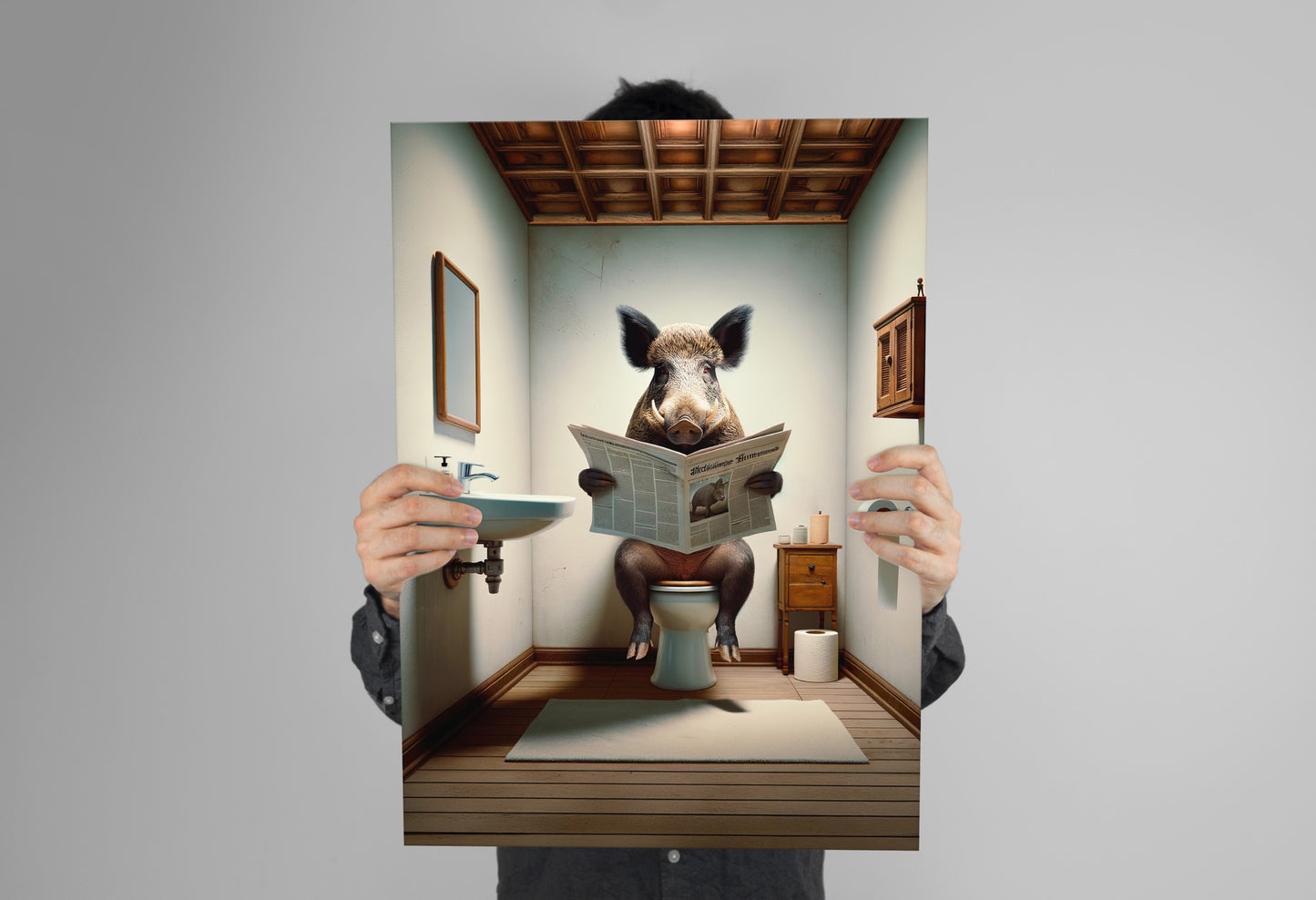 Bathroom humor wild boar reading the newspaper poster held up with both hands