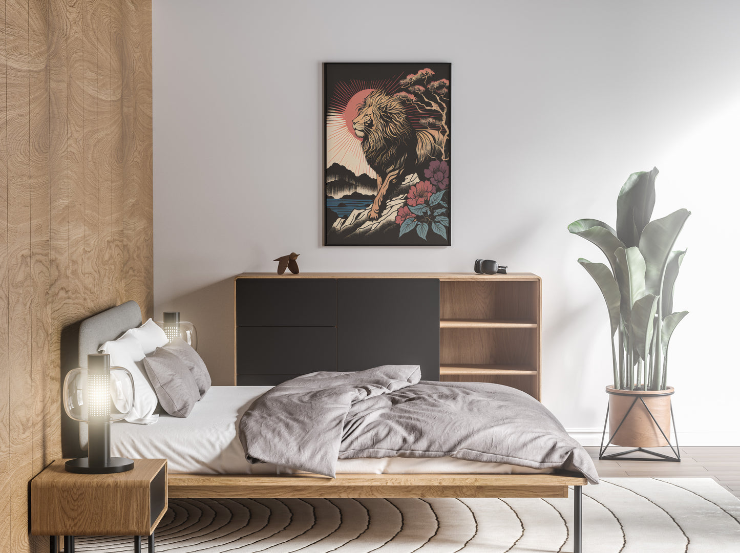 Affiche lion japonais ukiyo-e accrochée au-dessus d'un lit au linge gris, chambre lumineuse