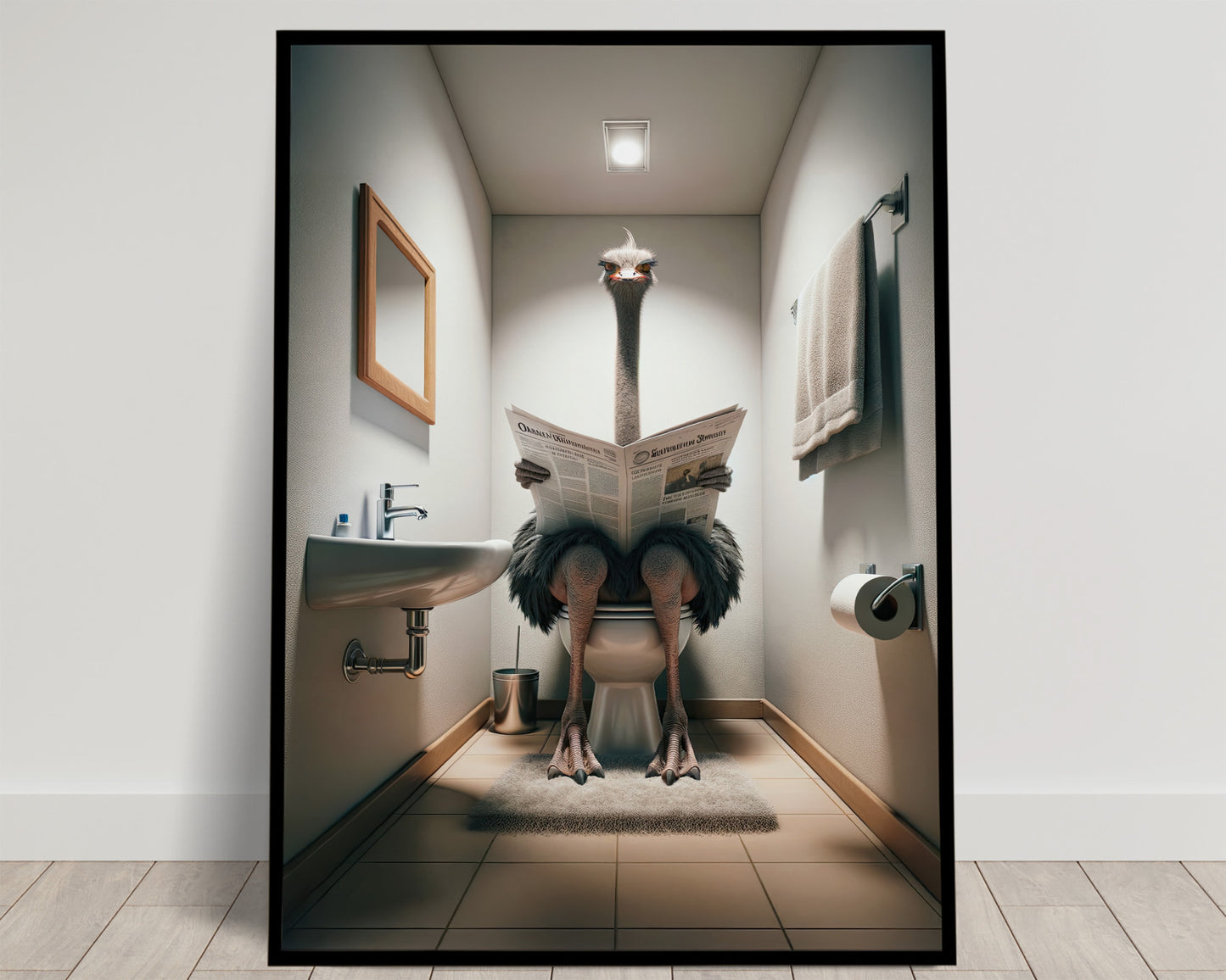 Ostrich with a long neck and black plumage reading the newspaper on the toilet, beige restroom, humor poster