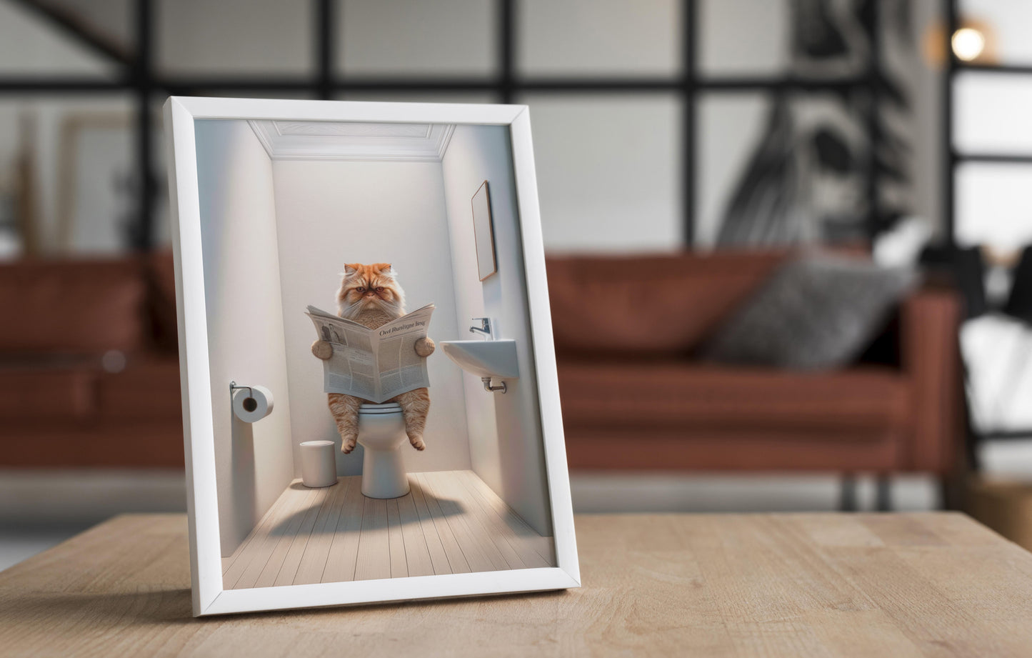 Affiche Murale Humour : Chat Persan Tigré Roux aux Toilettes, Déco WC & Salle de Bain, Idée Cadeau Chat Amusant