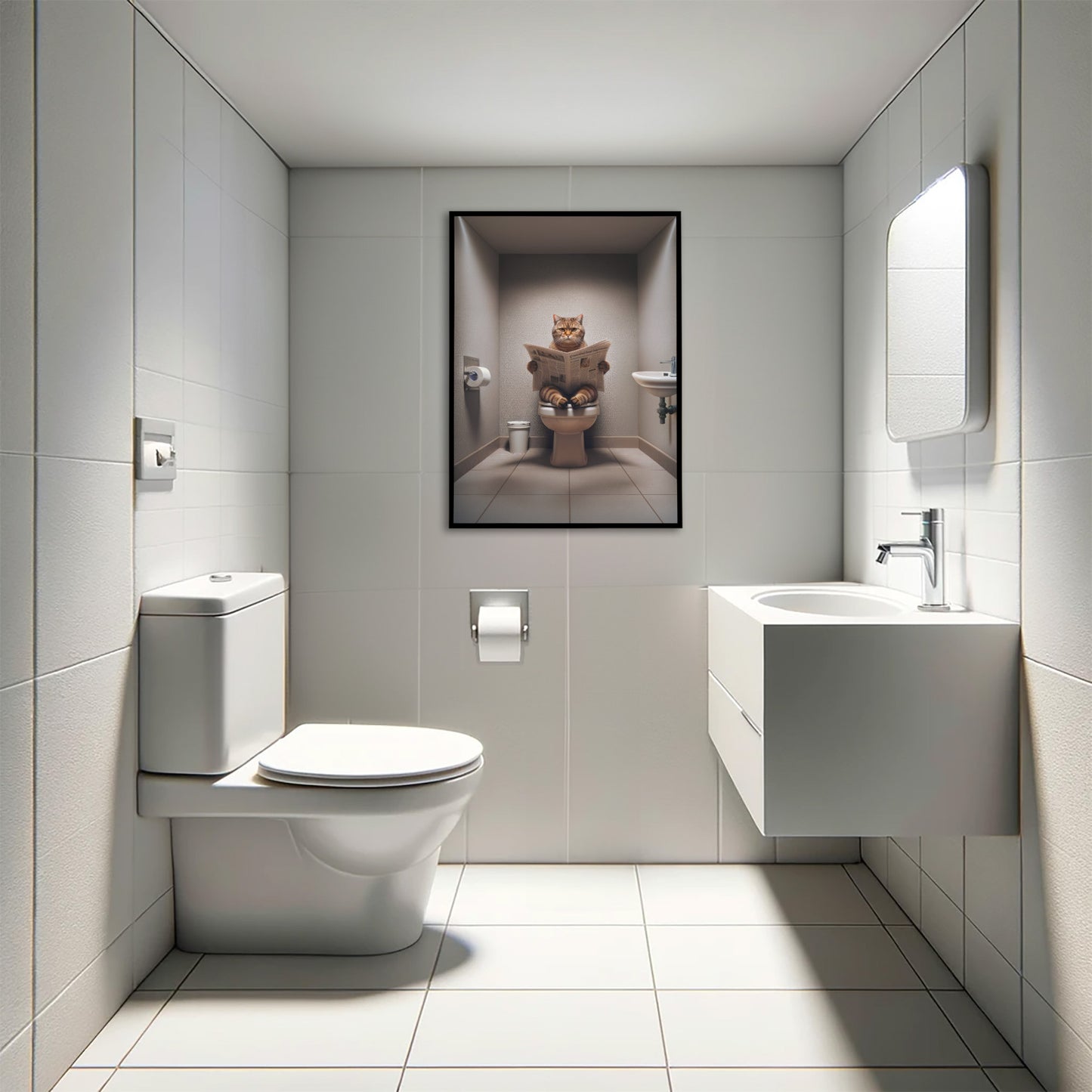 Affiche chat British Shorthair brun tigré lisant le journal au-dessus des toilettes, WC blanc carrelé, cadre noir