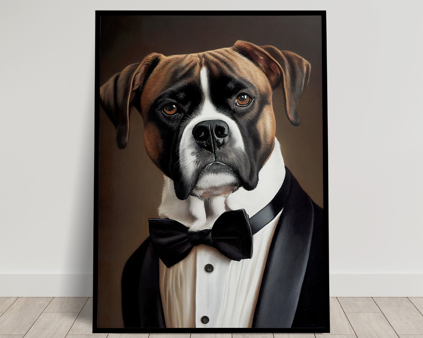 Portrait of a Boxer dog in a black tuxedo, white shirt and bow tie on a brown background, Balthazart Studio poster