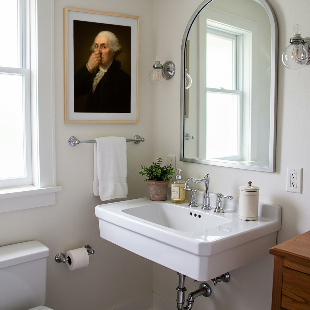 Salle de bain claire, poster Washington qui se pince le nez en cadre bois clair à côté du miroir arqué