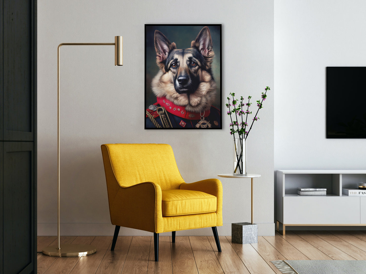 German Shepherd in uniform poster on a living room wall with a yellow armchair and brass floor lamp