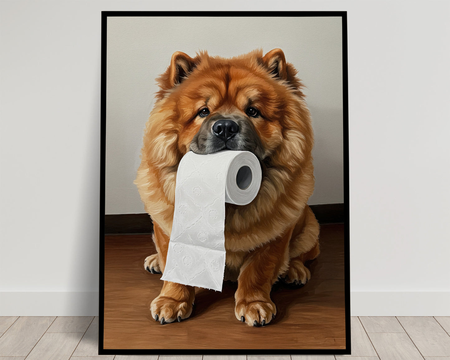 Chow-Chow roux assis sur un parquet, rouleau de papier toilette dans la gueule, poster Balthazart Studio