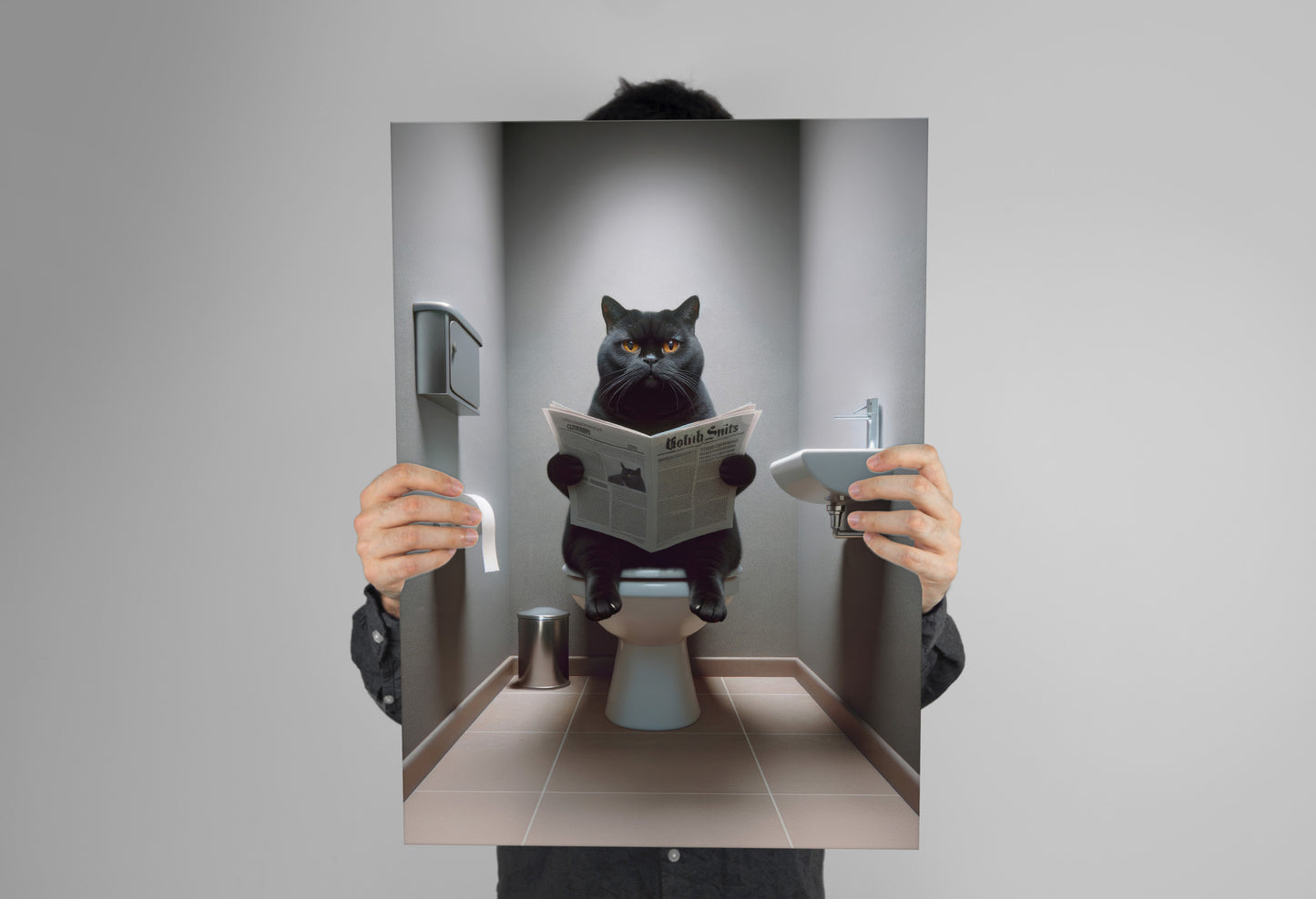Affiche chat British Shorthair noir aux toilettes tenu à deux mains devant un mur gris