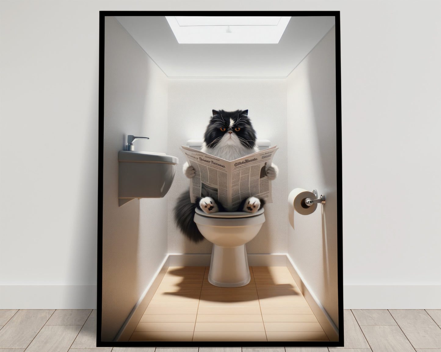 Affiche Humour : Chat Persan Noir et Blanc lisant aux Toilettes - Déco WC & Salle de Bain, Cadeau Rigolo pour Amateurs de Chats