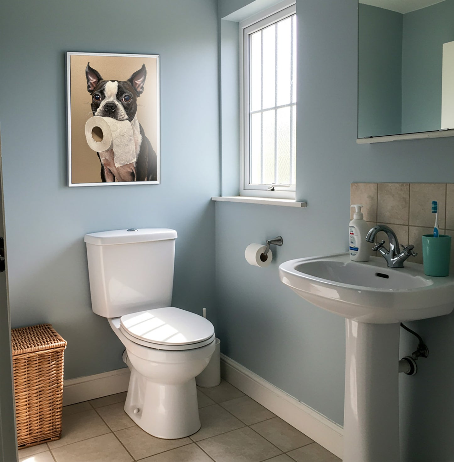 Poster Boston Terrier au papier toilette encadré sur un mur bleu, près d'une fenêtre