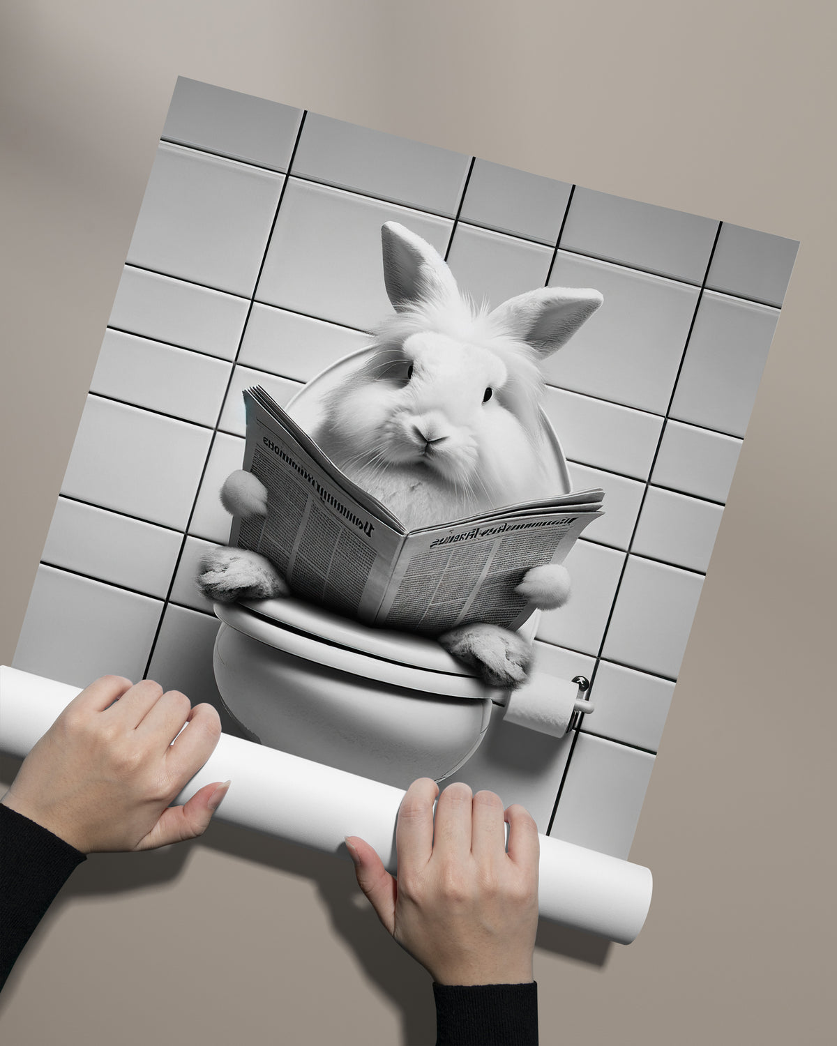 Poster lapin lisant le journal aux toilettes déroulé à la main sur fond taupe