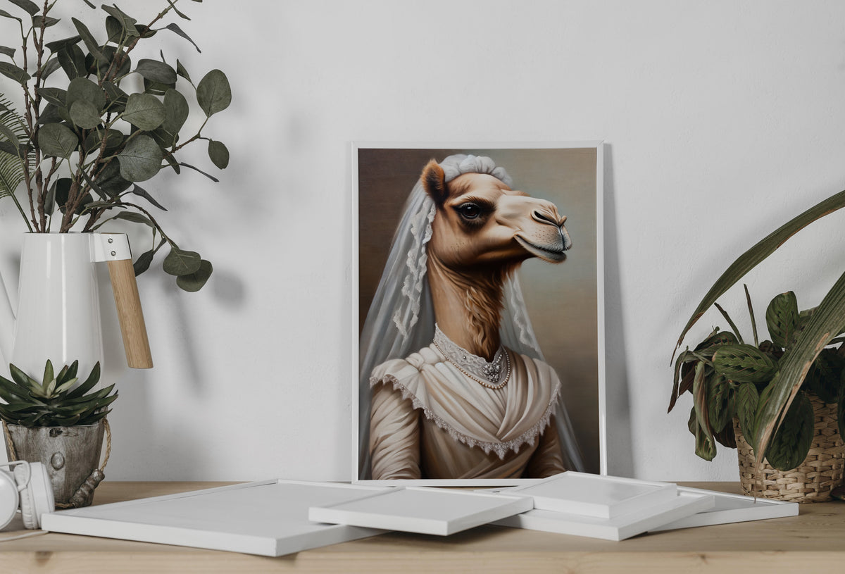 Camel in wedding dress poster leaning on a console between eucalyptus and a plant