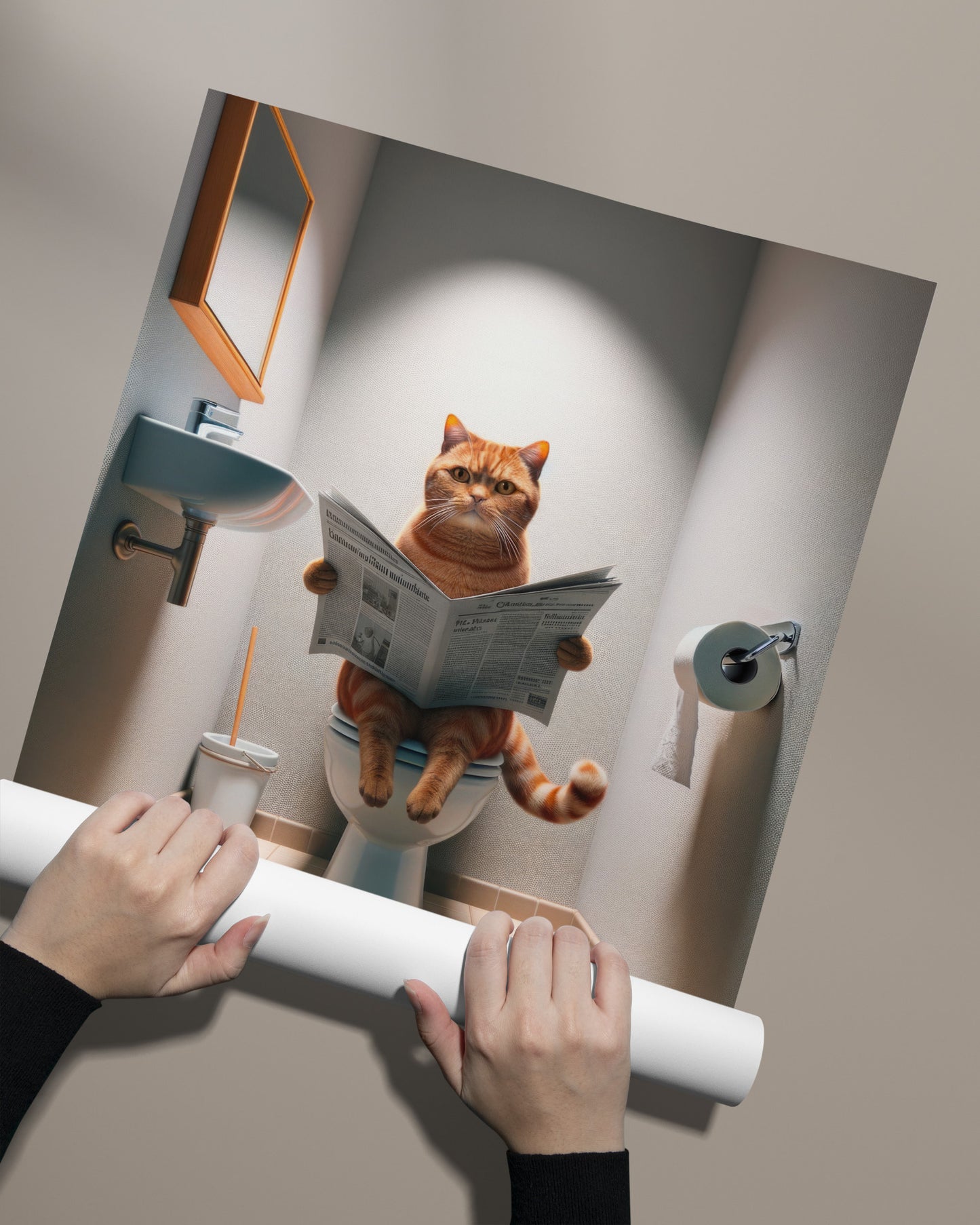 Affiche Murale Chat Roux British Shorthair sur Toilettes - Déco Humour WC & Salle de Bain, Idée Cadeau Fun
