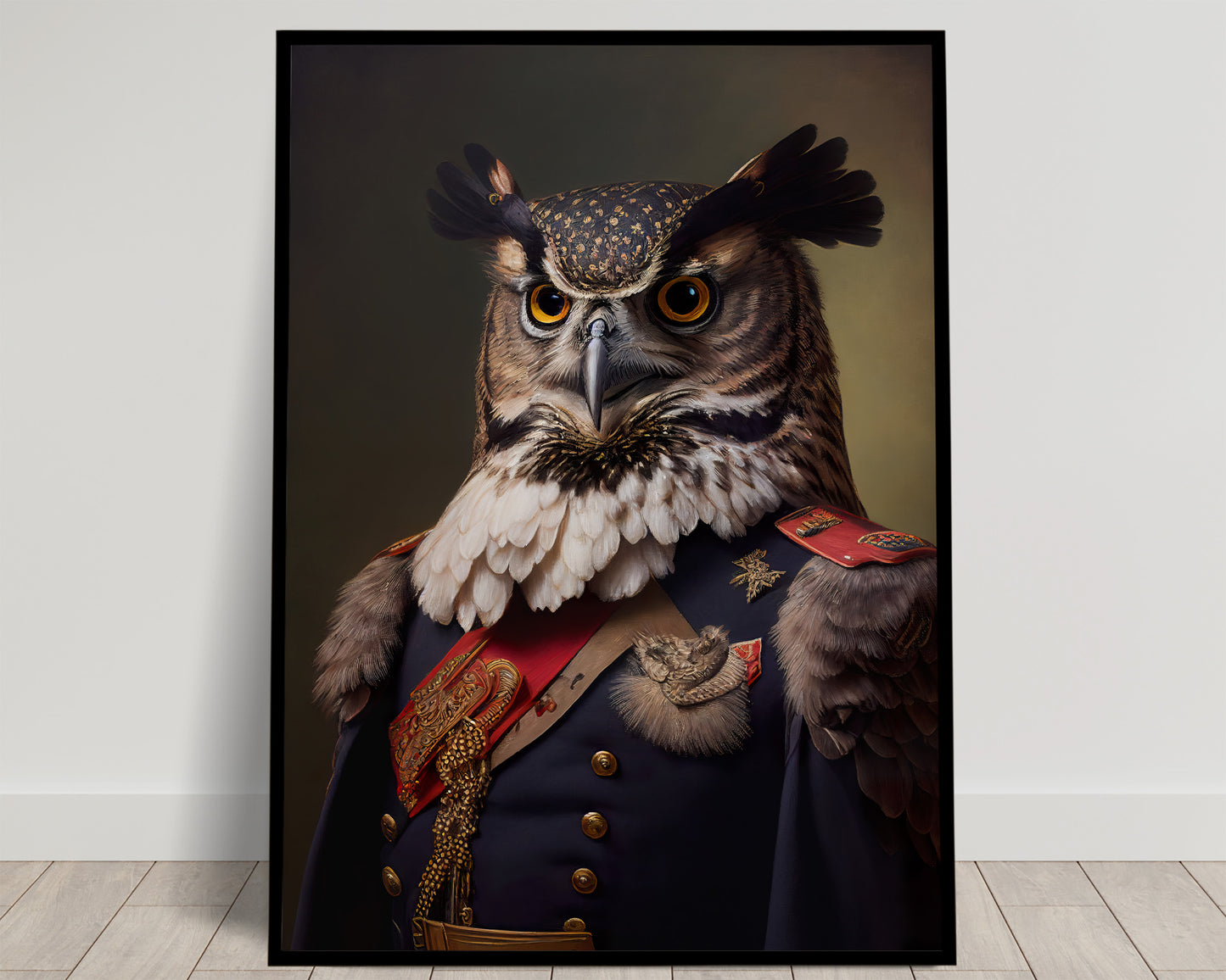 Portrait d'un hibou grand-duc en uniforme bleu marine à col rouge, aiguillette dorée et médailles, poster Balthazart Studio