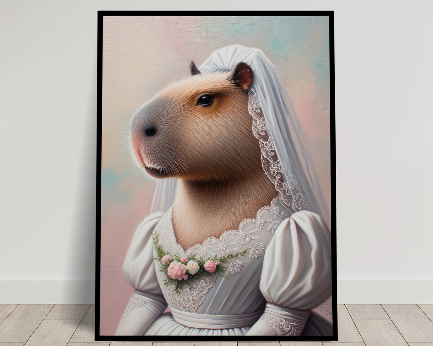 Capybara mariée en voile et robe blanche à manches bouffantes, guirlande de roses, fond pastel, poster Balthazart Studio