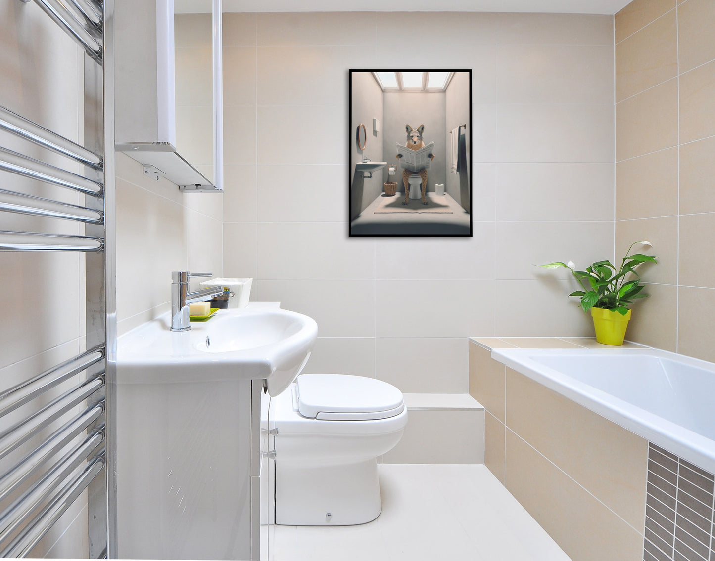 Funny jackal reading the newspaper poster, black frame above the toilet in a bathroom with a tub