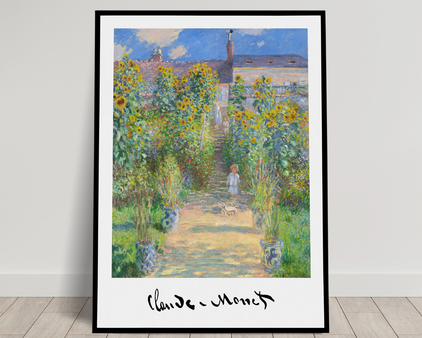 Monet's The Artist's Garden at Vetheuil: a path lined with sunflowers, a child and blue sky, signature, art poster