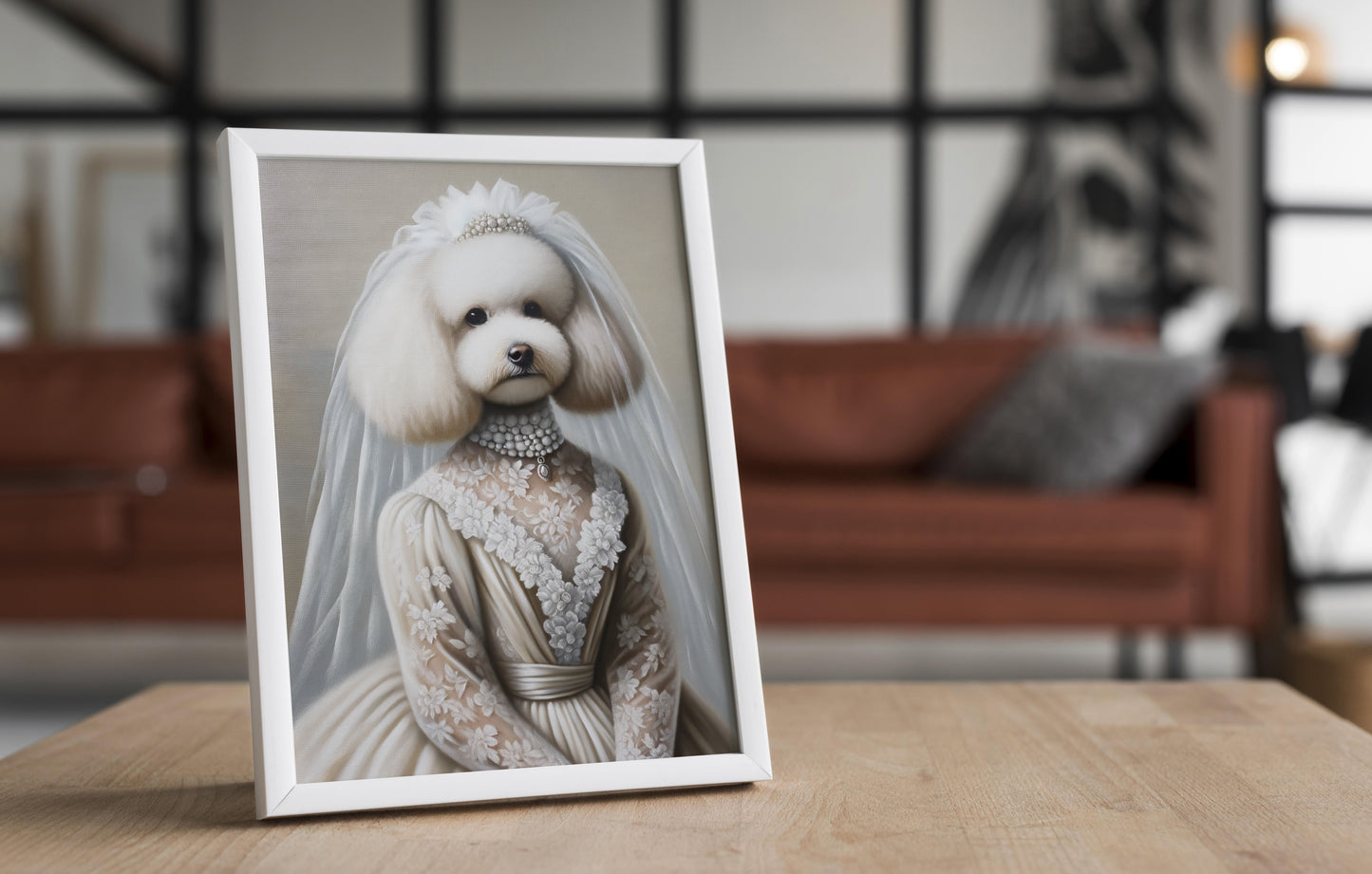 Poster caniche en robe de mariée, cadre blanc posé sur une table en bois devant un salon flou