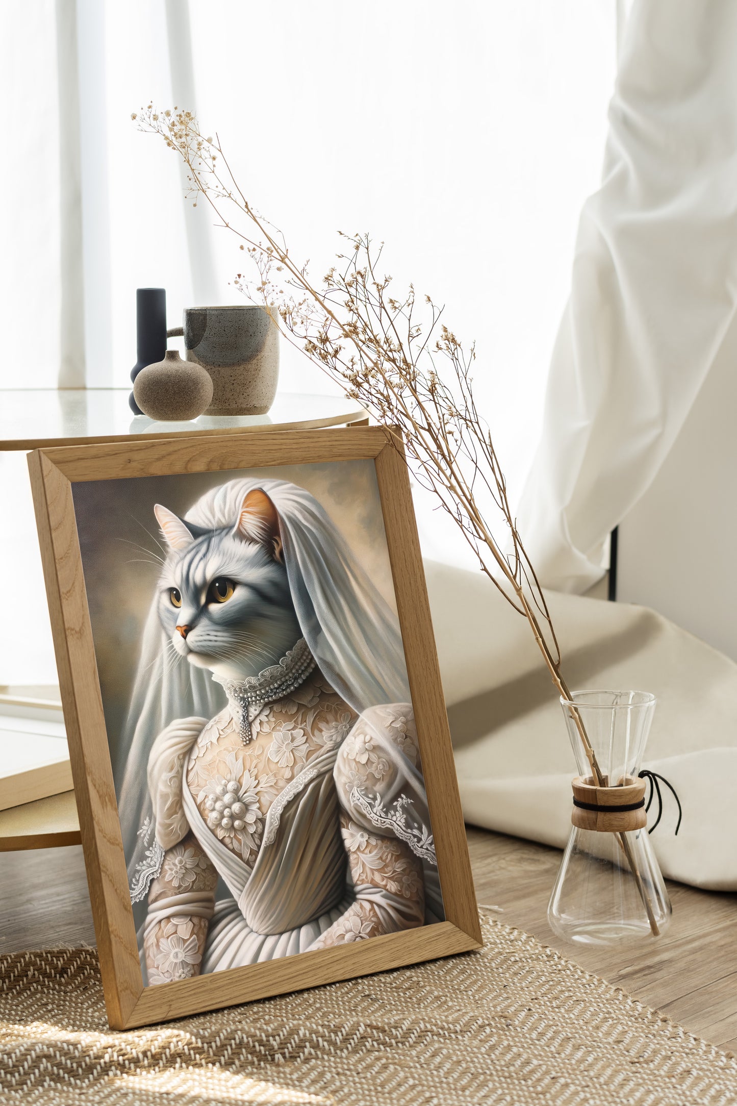 Cat bride poster in a natural wood frame on the floor by a window, dried flowers