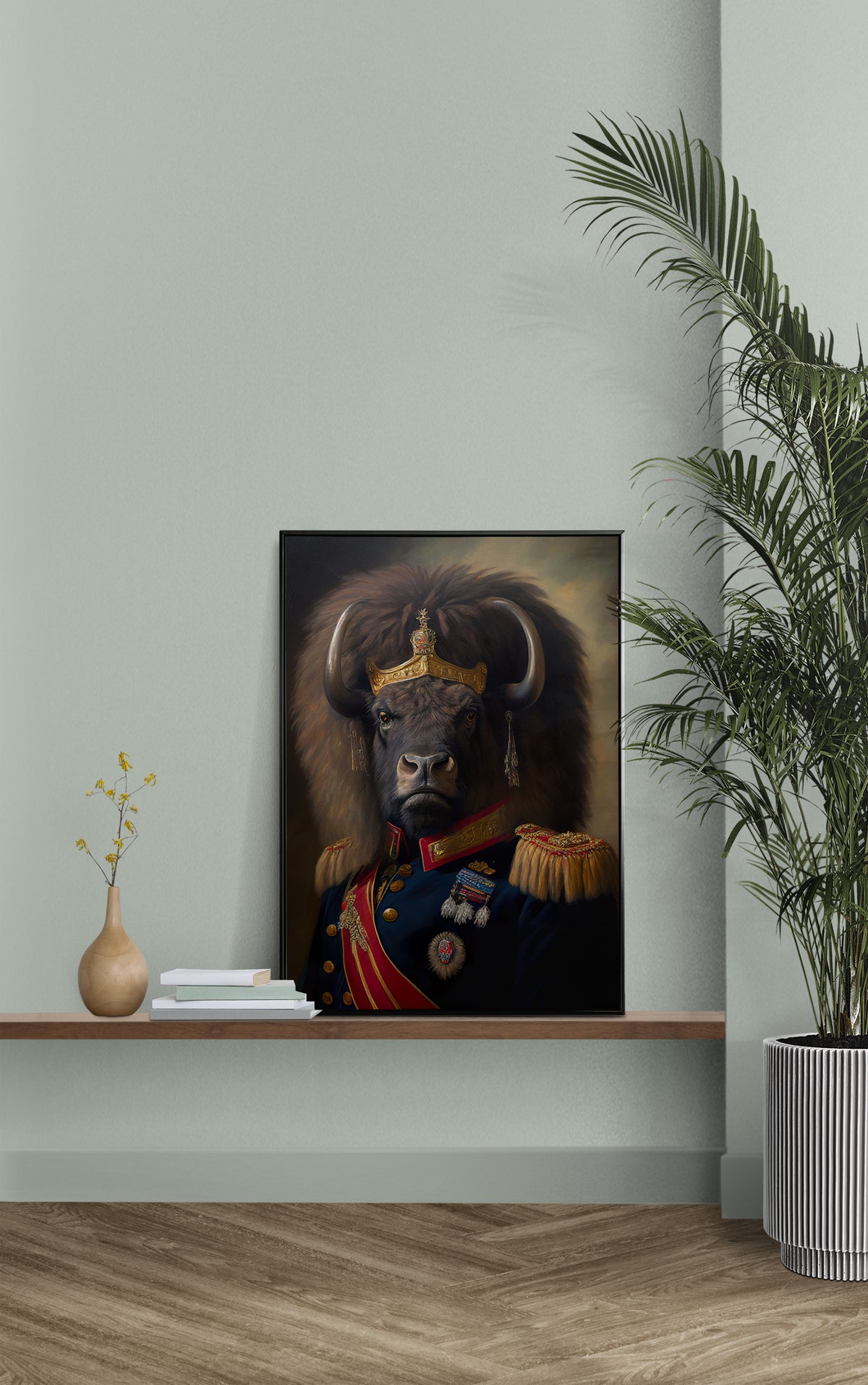 Buffalo in uniform poster on a wall shelf against a sage green wall with a potted palm