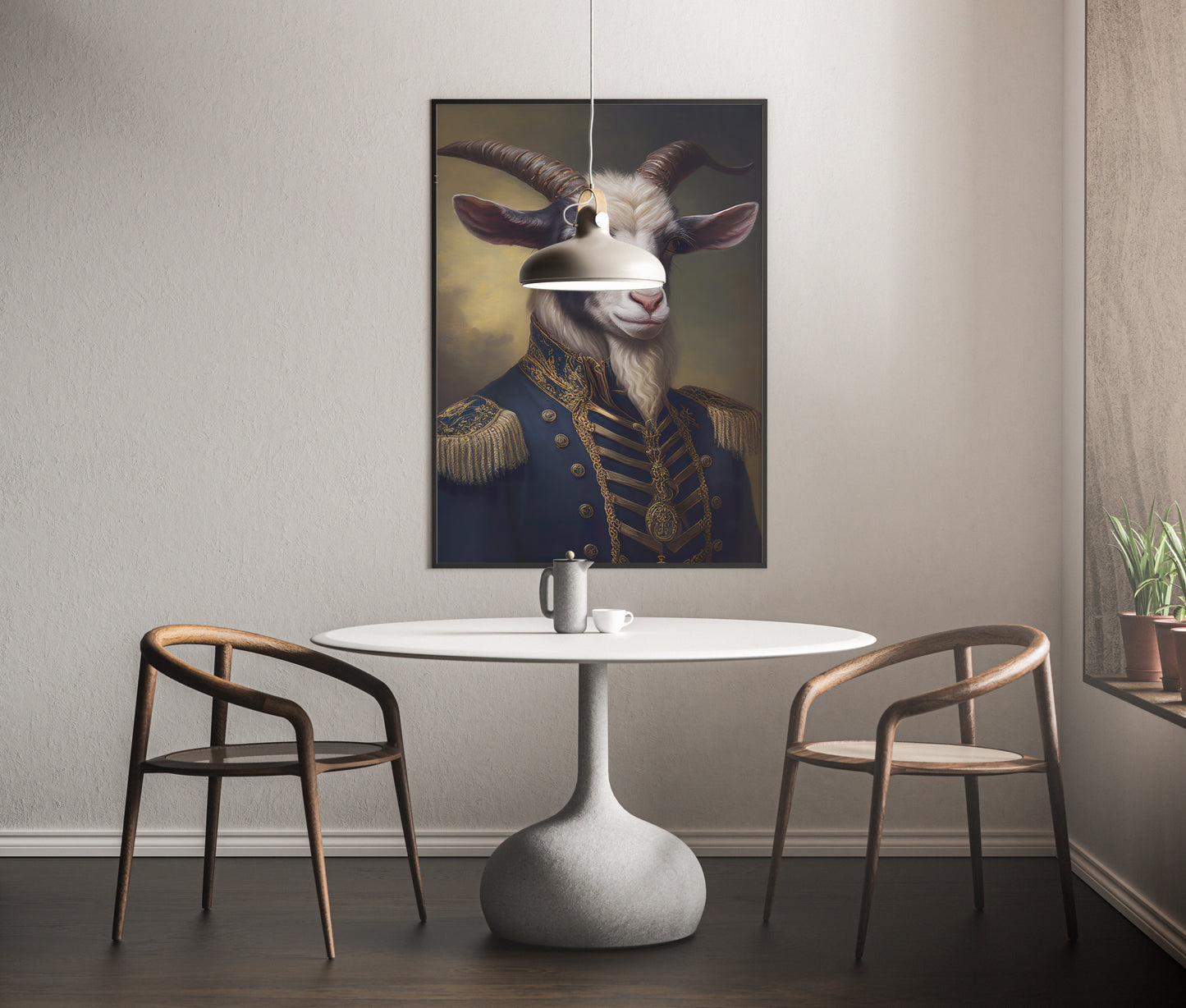 Goat in military uniform poster above a round white table in a minimalist dining room
