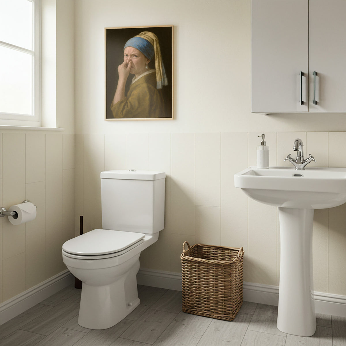 Toilettes crème et lavabo colonne, poster Jeune Fille à la perle qui se pince le nez en cadre bois clair au-dessus des WC