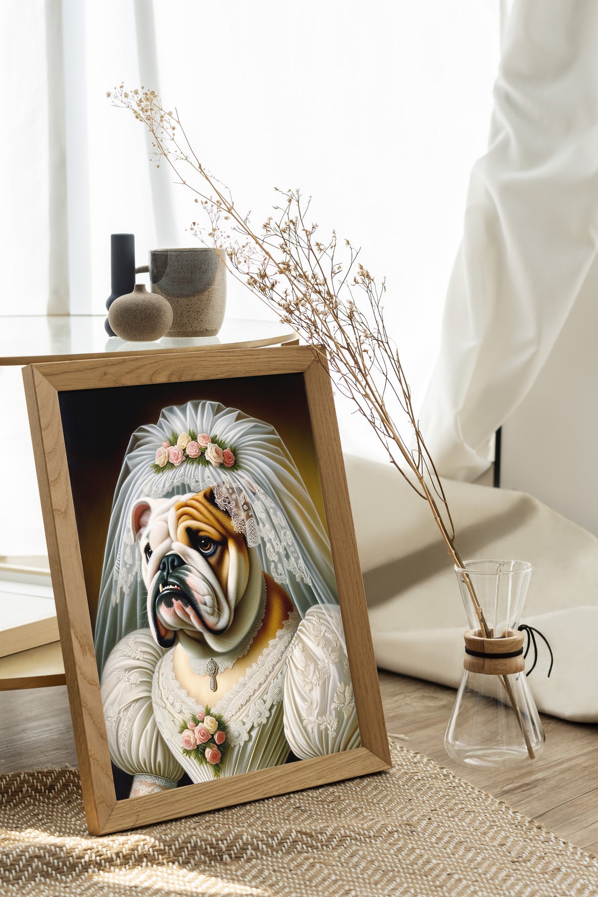 English Bulldog bride poster in a natural wood frame on the floor by a window, dried flowers